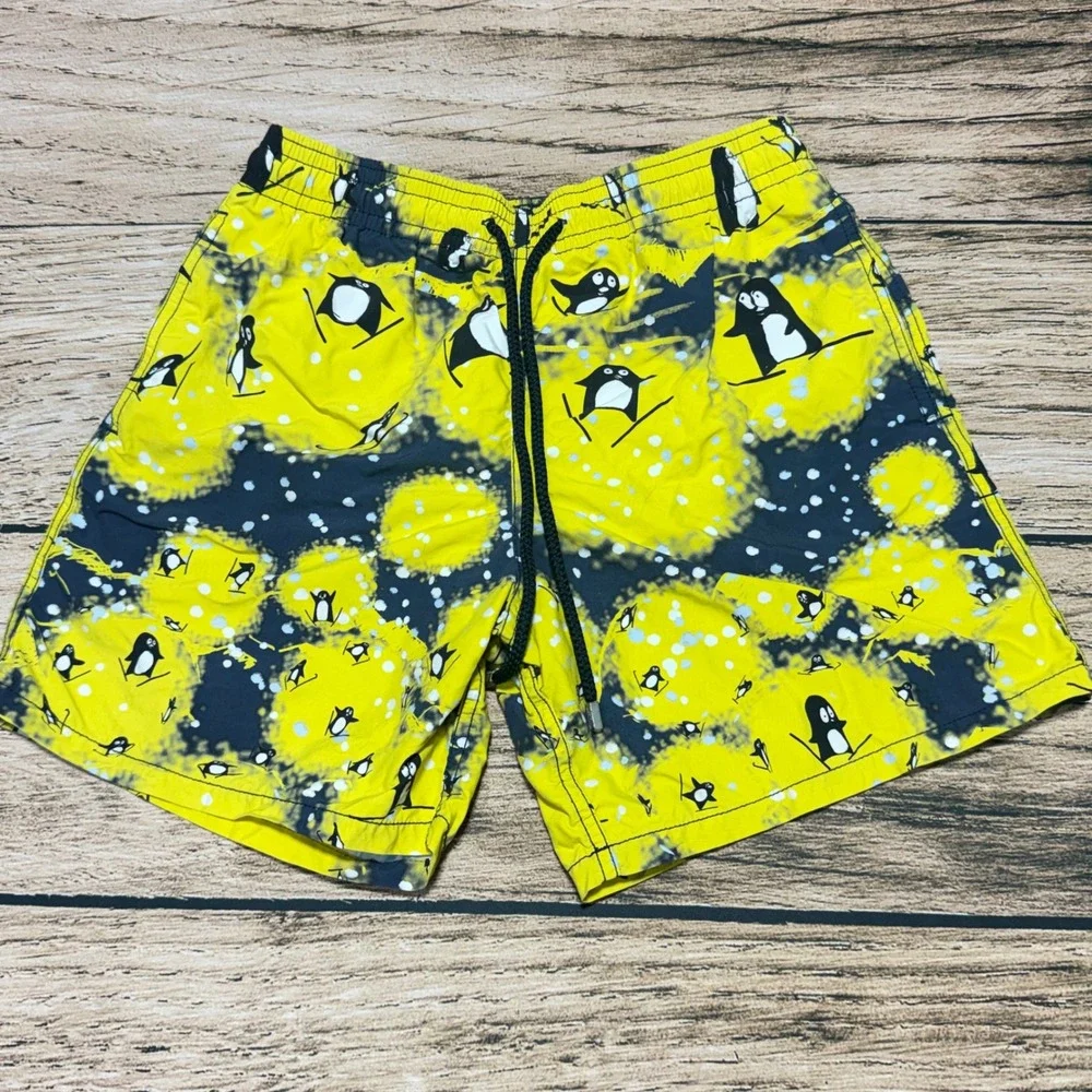 Vilebrequin Swim Trunks Men Large Yellow Skiing Penguin Print Luxury Swimwear